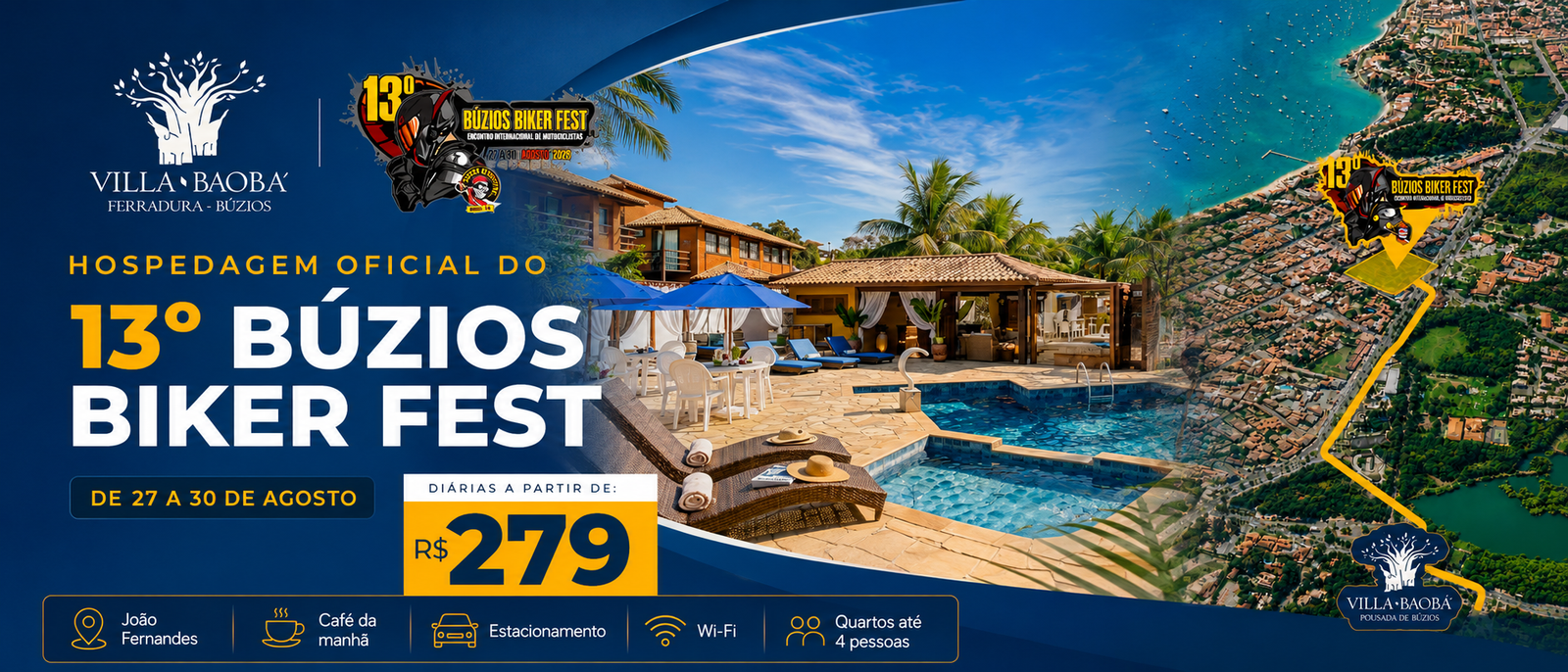 Banner Búzios Biker Fest 2026 em parceria com a Villa Baobá